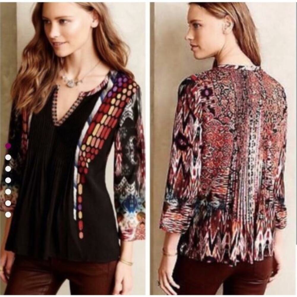 Ranna Gill Anthropologie Embroidered Boho Mixed Print‎ Flowy Women's Blouse S